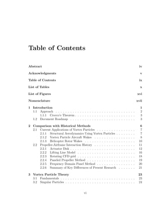Table of Contents
Abstract iv
Acknowledgments v
Table of Contents ix
List of Tables x
List of Figures xvi
Nomenclature xvii
1 Introduction 1
1.1 Approach . . . . . . . . . . . . . . . . . . . . . . . . . . . . . . . . . 2
1.1.1 Crocco’s Theorem . . . . . . . . . . . . . . . . . . . . . . . . . 3
1.2 Document Roadmap . . . . . . . . . . . . . . . . . . . . . . . . . . . 3
2 Comparison with Historical Methods 6
2.1 Current Applications of Vortex Particles . . . . . . . . . . . . . . . . 7
2.1.1 Structural Aerodynamics Using Vortex Particles . . . . . . . . 7
2.1.2 Vortex Particle Aircraft Wakes . . . . . . . . . . . . . . . . . 8
2.1.3 Helicopter Rotor Wakes . . . . . . . . . . . . . . . . . . . . . 10
2.2 Propeller-Airframe Interaction History . . . . . . . . . . . . . . . . . 11
2.2.1 Actuator Disk . . . . . . . . . . . . . . . . . . . . . . . . . . . 12
2.2.2 Lifting Line Model . . . . . . . . . . . . . . . . . . . . . . . . 16
2.2.3 Rotating CFD grid . . . . . . . . . . . . . . . . . . . . . . . . 18
2.2.4 Paneled Propeller Method . . . . . . . . . . . . . . . . . . . . 19
2.2.5 Frequency Domain Panel Method . . . . . . . . . . . . . . . . 20
2.2.6 Summary of Key Diﬀerences of Present Research . . . . . . . 21
3 Vortex Particle Theory 23
3.1 Fundamentals . . . . . . . . . . . . . . . . . . . . . . . . . . . . . . . 23
3.2 Singular Particles . . . . . . . . . . . . . . . . . . . . . . . . . . . . . 24
vi
 