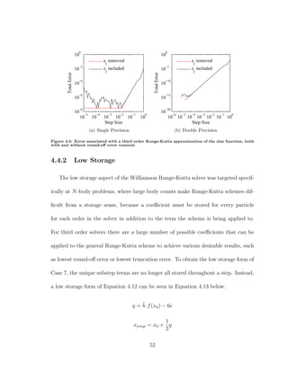 10
−5
10
−4
10
−3
10
−2
10
−1
10
0
10
−8
10
−6
10
−4
10
−2
10
0
Step Size
TotalError
ej
removed
ej
included
(a) Single Precision
10
−6
10
−5
10
−4
10
−3
10
−2
10
−1
10
0
10
−20
10
−15
10
−10
10
−5
10
0
Step Size
TotalError
ej
removed
ej
included
(b) Double Precision
Figure 4.5: Error associated with a third order Runge-Kutta approximation of the sine function, both
with and without round-oﬀ error removal.
4.4.2 Low Storage
The low storage aspect of the Williamson Runge-Kutta solver was targeted specif-
ically at N-body problems, where large body counts make Runge-Kutta schemes dif-
ﬁcult from a storage sense, because a coeﬃcient must be stored for every particle
for each order in the solver in addition to the term the scheme is being applied to.
For third order solvers there are a large number of possible coeﬃcients that can be
applied to the general Runge-Kutta scheme to achieve various desirable results, such
as lowest round-oﬀ error or lowest truncation error. To obtain the low storage form of
Case 7, the unique substep terms are no longer all stored throughout a step. Instead,
a low storage form of Equation 4.12 can be seen in Equation 4.13 below.
q = ˜h f(x0) − 6e
xtemp = x0 +
1
3
q
52
 