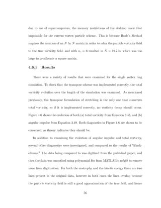 due to use of supercomputers, the memory restrictions of the desktop made that
impossible for the current vortex particle scheme. This is because Beale’s Method
requires the creation of an N by N matrix in order to relax the particle vorticity ﬁeld
to the true vorticity ﬁeld, and with nc = 6 resulted in N = 19,773, which was too
large to preallocate a square matrix.
4.6.1 Results
There were a variety of results that were examined for the single vortex ring
simulation. To check that the transpose scheme was implemented correctly, the total
vorticity evolution over the length of the simulation was examined. As mentioned
previously, the transpose formulation of stretching is the only one that conserves
total vorticity, so if it is implemented correctly, no vorticity decay should occur.
Figure 4.6 shows the evolution of both (a) total vorticity from Equation 3.45, and (b)
angular impulse from Equation 3.49. Both diagnostics in Figure 4.6 are shown to be
conserved, as theory indicates they should be.
In addition to examining the evolution of angular impulse and total vorticity,
several other diagnostics were investigated, and compared to the results of Winck-
elmans.3
The data being compared to was digitized from the published paper, and
then the data was smoothed using polynomial ﬁts from MATLAB’s polyﬁt to remove
noise from digitization. For both the enstrophy and the kinetic energy there are two
lines present in the original data, however in both cases the lines overlap because
the particle vorticity ﬁeld is still a good approximation of the true ﬁeld, and hence
56
 