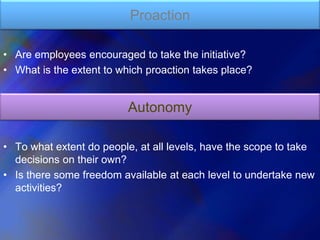 • Are employees encouraged to take the initiative?
• What is the extent to which proaction takes place?
• To what extent d...
