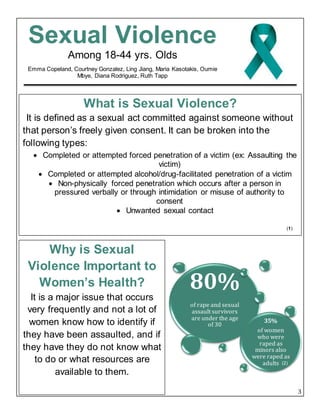3
Sexual Violence
Among 18-44 yrs. Olds
Emma Copeland, Courtney Gonzalez, Ling Jiang, Maria Kasotakis, Oumie
Mbye, Diana Rodriguez, Ruth Tapp
What is Sexual Violence?
It is defined as a sexual act committed against someone without
that person’s freely given consent. It can be broken into the
following types:
 Completed or attempted forced penetration of a victim (ex: Assaulting the
victim)
 Completed or attempted alcohol/drug-facilitated penetration of a victim
 Non-physically forced penetration which occurs after a person in
pressured verbally or through intimidation or misuse of authority to
consent
 Unwanted sexual contact
Why is Sexual
Violence Important to
Women’s Health?
It is a major issue that occurs
very frequently and not a lot of
women know how to identify if
they have been assaulted, and if
they have they do not know what
to do or what resources are
available to them.
80%
of rape and sexual
assault survivors
are under the age
of 30
35%
of women
who were
raped as
minors also
were raped as
adults
(1)
(2)
 