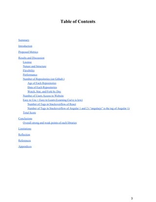 Table of Contents
Summary
Introduction
Proposed Metrics
Results and Discussion
License
Nature and Structure
Flexibility
Performance
Number of Repositories (on Github )
Age of Each Repositories
Data of Each Repositories
Watch, Star, and Fork by Day
Number of Users Access to Website
Easy to Use + Easy to Learn (Learning Curve is low)
Number of Tags in Stackoverflow of React
Number of Tags in Stackoverflow of Angular 1 and 2 ( “angularjs” is the tag of Angular 1)
Total Score
Conclusions
Overall strong and weak points of each libraries
Limitations
Reflection
References
Appendices
3
 