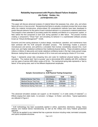 Page 1 of 8
Reliability Improvement with Physics Based Failure Analytics
Jim Carter Vextec, Inc.
jcarter@vextec.com
Introduction
This paper will discuss advanced analysis of material failure that assesses how, when, why, and where
failure will occur or has occurred. Recognizing that failure is actually a localized process that occurs deep
within the material microstructure, physics-based 3D computational methods have been developed to
predict lifecycle behavior for the grains of each individual element in a component’s material substructure.
That analysis is then extended to accurately predict the reliability and lifetime of a component, system, or
fleet, before the first component is even built, during operation or after failure. The process involves
creating a component’s “Virtual Twin” and simulating its behavior in a sophisticated software process
known as “Virtual Life Management
®
” (VLM).
Economic and time saving advances in product design, manufacture, operation, and maintenance have
been achieved with the VLM computer simulation process. The technology models a product’s
microstructure and service; and performs a simulation that involves considerably reduced time, much
lower cost, and higher statistical confidence than traditional physical testing. These simulations produce
millions or billions of data points and render statistical confidence levels in the high ninety percent range.
Moreover, testing times are reduced by factors of 20 or more and cost saving by a factor of 13 or more.
Figure 1 represents actual data comparing time and costs for traditional physical testing and VLM
simulation. The medical stent “test to success” was to demonstrate 90% reliability with 90% confidence
over ten years of service (400 million cycles at 50 Hz). The mechanical spring data represents a “test to
failure” of five spring sizes, each to five different displacement amplitudes.
Figure 1
Sample: Conventional vs. VLM Physical Testing Comparison
Conventional VLM Ratio
Medical Device Test Time 400 Weeks 20 Weeks 20:1
Medical Device Test Cost $1,000,000 $80,000 13:1
Mechanical Spring Test Time 50 Weeks 10 Weeks 5:1
Mechanical Spring Test Cost $375,000 $75.000 5:1
This advanced simulation analysis can support: a.) All industries
1
; b.) A wide variety of materials
2
; c.)
Effects ranging from static loads - to corrosion - to fatigue - to friction –and others. Typical applications
are reflected in Figure 2.
1
VLM methodology has been successfully applied in airline, automotive, electronics, energy, heavy
industry and medical device manufacturing; as well as the military and many Federal government
agencies.
2
VLM can be applied to any material that has a granular structure including metal, laminated composite,
and hybrid composite structures.
 