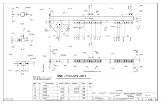 SHOP NOTE:
PROVIDE 38/ DIA VENT HOLES IN
TOP & BOTTOM OF COLUMNS
QTY. SITE BOLTS LENGTH
0 ISSUED TO SHOP 15/11/13 BW
A ISSUED FOR APPROVAL 31/10/13 BW
REV DESCRIPTION DATE BY
ONE - COLUMN - C19
CUSTOMER:
DRAWN BY: DATE: (D/M/Y)
PROJECT:
DWG#
CANBIAN
24/10/13
ROYAL NORTH CENTER
C19
CHECKED BY:DATE: (D/M/Y)
REV#
0HOLES: 13/16" Ø U.N.O.
PAINT: SSPC-SP3,SHOP GREY PRIMER JOB#
1112
ALL STEEL CRAFT
PHONE: (780) 478-6668 FAX: (780) 478-6677
FABRICATORS LTD.
MARK QTY DESCRIPTION LENGTH WEIGHT REMARKS MATL ABM#
C19 1
C19 1 HSS5X5X3/8 26'-11 5/16" 567 CS 1E 350W
0COLUMN
Z250
L17 1 L4X3X3/8 1'-11 3/4" 17 CUT 3" LEG 300W
L18 1 L4X3X3/8 1'-11 3/4" 17 CUT 3" LEG 300W
L27 1 L4X3X3/8 2'-10 3/4" 25 CUT 3" LEG 300W
L28 1 L4X3X3/8 2'-10 3/4" 25 CUT 3" LEG 300W
P49 3 PL3/8"X4" 6" 8 350W
P58 1 PL3/16"X4 1/2" 4 1/2" 1 350W
P76 1 PL1/2"X9 1/2" 1'-2 1/4" 15 350W
P105 1 PL1"X6" 1'-6 3/4" 32 350W
TOTAL WEIGHT THIS DRAWING 705
GRID LOC REF DWGQTY
D-E/4 E21
1
516/516/
516/516/
412/14/
27'-012/ (HSS5X5X38/ x 26'-11516/ )
13'-012/
13'-012/
0
3
13'-312/
5
CUT SQ
516/
EL.+100'-1
SEAL
A
A P49
P58P49P49
P105
P76
L28
L27
L18
L17
C19 North
C
C
B
B
316/
212/
912/
912/
0
55
212/
412/
18/
212/
12
1038/
3
13'-012/
13'-012/
0
3
13'-312/
13'-212/
26'-6
3
26'-9
14/
3 SIDES
14/
14/
14/
3 SIDES
516/
516/
14/
14/
P49
P58
P49
P49
P105
P76
L28
L27
L18
L17
C19
11516/538/
214/
111316/
10'-6316/
11'-6
3
11'-9
3
12'-0
6
12'-6
3@3
13'-3
5
13'-8
3
13'-11
3
14'-2
10'-912/
24'-1112/
3
25'-212/
3
25'-512/
6
25'-1112/
3@3
26'-812/
3
1
12/
212/
14/412/
4316/
18/
18/
112/58/112/
P49
P49
L28
L27
C19 North
B - B
112/58/112/
18/
P58
P49
L18
L17
C19 North
C - C
734/ 412/ 412/ 2
33
2 x 1 916/ "Ø
C19 North
P76
P105
A - A
 