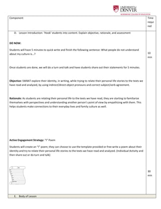  
Component	
   Time	
  
requi
red	
  
D.   Lesson	
  Introduction:	
  ‘Hook’	
  students	
  into	
  content.	
  Explain	
  objective,	
  rationale,	
  and	
  assessment	
  
	
  
DO	
  NOW:	
  	
  
Students	
  will	
  have	
  5	
  minutes	
  to	
  quick	
  write	
  and	
  finish	
  the	
  following	
  sentence:	
  What	
  people	
  do	
  not	
  understand	
  
about	
  my	
  culture	
  is…?	
  	
  
	
  
Once	
  students	
  are	
  done,	
  we	
  will	
  do	
  a	
  turn	
  and	
  talk	
  and	
  have	
  students	
  share	
  out	
  their	
  statements	
  for	
  5	
  minutes.	
  	
  
	
  
Objective:	
  SWBAT	
  explore	
  their	
  identity,	
  in	
  writing,	
  while	
  trying	
  to	
  relate	
  their	
  personal	
  life	
  stories	
  to	
  the	
  texts	
  we	
  
have	
  read	
  and	
  analyzed,	
  by	
  using	
  indirect/direct	
  object	
  pronouns	
  and	
  correct	
  subject/verb	
  agreement.	
  
	
  
Rationale:	
  As	
  students	
  are	
  relating	
  their	
  personal	
  life	
  to	
  the	
  texts	
  we	
  have	
  read,	
  they	
  are	
  starting	
  to	
  familiarize	
  
themselves	
  with	
  perspectives	
  and	
  understanding	
  another	
  person’s	
  point	
  of	
  view	
  by	
  empathizing	
  with	
  them.	
  This	
  
helps	
  students	
  make	
  connections	
  to	
  their	
  everyday	
  lives	
  and	
  family	
  culture	
  as	
  well.	
  	
  
	
  
	
  
	
  
	
  
Active	
  Engagement	
  Strategy:	
  “I”	
  Poem	
  	
  
Students	
  will	
  create	
  an	
  “I”	
  poem;	
  they	
  can	
  choose	
  to	
  use	
  the	
  template	
  provided	
  or	
  free	
  write	
  a	
  poem	
  about	
  their	
  
identity	
  and	
  try	
  to	
  relate	
  their	
  personal	
  life	
  stories	
  to	
  the	
  texts	
  we	
  have	
  read	
  and	
  analyzed.	
  (Individual	
  Activity	
  and	
  
then	
  share	
  out	
  or	
  do	
  turn	
  and	
  talk)	
  
	
  
	
  
	
  
	
  
	
  
	
  
10	
  
min	
  
	
  
	
  
	
  
	
  
	
  
	
  
	
  
	
  
	
  
	
  
	
  
	
  
	
  
	
  
	
  
	
  
30	
  
min	
  
E.   Body	
  of	
  Lesson	
  
 