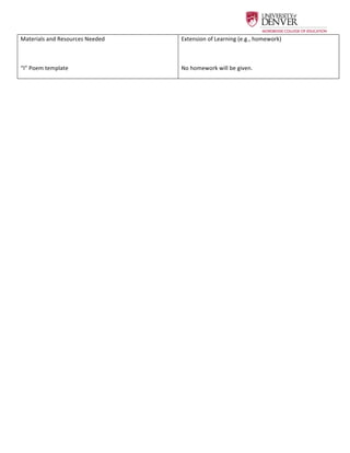 
Materials	
  and	
  Resources	
  Needed	
  
	
  
“I”	
  Poem	
  template	
  	
  
Extension	
  of	
  Learning	
  (e.g.,	
  homework)	
  
	
  
No	
  homework	
  will	
  be	
  given.	
  	
  
	
  
	
  
	
  
 