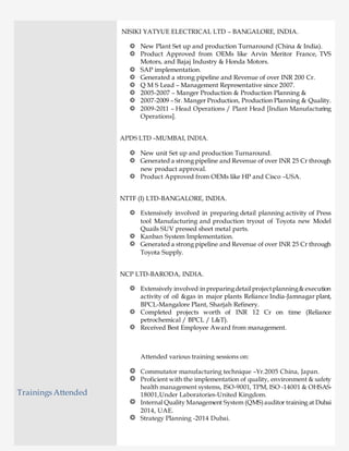 Trainings Attended
NISIKI YATYUE ELECTRICAL LTD – BANGALORE, INDIA.
New Plant Set up and production Turnaround (China & India).
Product Approved from OEMs like Arvin Meritor France, TVS
Motors, and Bajaj Industry & Honda Motors.
SAP implementation.
Generated a strong pipeline and Revenue of over INR 200 Cr.
Q M S Lead – Management Representative since 2007.
2005-2007 – Manger Production & Production Planning &
2007-2009 – Sr. Manger Production, Production Planning & Quality.
2009-2011 – Head Operations / Plant Head [Indian Manufacturing
Operations].
APDS LTD –MUMBAI, INDIA.
New unit Set up and production Turnaround.
Generated a strong pipeline and Revenue of over INR 25 Cr through
new product approval.
Product Approved from OEMs like HP and Cisco –USA.
NTTF (I) LTD-BANGALORE, INDIA.
Extensively involved in preparing detail planning activity of Press
tool Manufacturing and production tryout of Toyota new Model
Quails SUV pressed sheet metal parts.
Kanban System Implementation.
Generated a strong pipeline and Revenue of over INR 25 Cr through
Toyota Supply.
NCP LTD-BARODA, INDIA.
Extensively involved inpreparingdetailprojectplanning& execution
activity of oil &gas in major plants Reliance India-Jamnagar plant,
BPCL-Mangalore Plant, Sharjah Refinery.
Completed projects worth of INR 12 Cr on time (Reliance
petrochemical / BPCL / L&T).
Received Best Employee Award from management.
Attended various training sessions on:
Commutator manufacturing technique –Yr.2005 China, Japan.
Proficient with the implementation of quality, environment & safety
health management systems, ISO-9001, TPM, ISO -14001 & OHSAS-
18001,Under Laboratories-United Kingdom.
Internal Quality Management System (QMS)auditor training at Dubai
2014, UAE.
Strategy Planning -2014 Dubai.
 