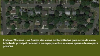 Enclave 20 casas – os fundos das casas estão voltados para a rua de carro
A fachada principal concentra os espaços entre as casas apenas de uso para
pessoas
 