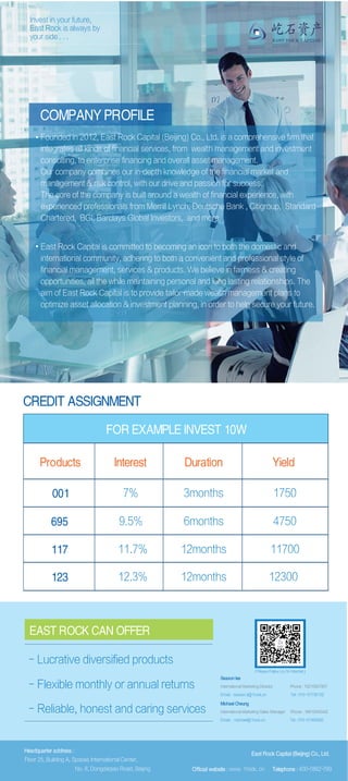 CREDIT ASSIGNMENT
FOR EXAMPLE INVEST 10W
001 3months
6months
12months
12months
1750
4750
11700
12300
7%
9.5%
11.7%
12.3%
695
117
123
Invest in your future,
East Rock is always by
your side . . .
Founded in 2012, East Rock Capital (Beijing) Co., Ltd. is a comprehensive firm that
integrates all kinds of financial services, from wealth management and investment
consulting, to enterprise financing and overall asset management.
Our company combines our in-depth knowledge of the financial market and
management & risk control, with our drive and passion for success.
The core of the company is built around a wealth of financial experience, with
experienced professionals from Merrill Lynch, Deutsche Bank , Citigroup, Standard
Chartered, BGI: Barclays Global Investors, and more.
East Rock Capital is committed to becoming an icon to both the domestic and
international community, adhering to both a convenient and professional style of
financial management, services & products. We believe in fairness & creating
opportunities, all the while maintaining personal and long lasting relationships. The
aim of East Rock Capital is to provide tailor-made wealth management plans to
optimize asset allocation & investment planning, in order to help secure your future.
COMPANY PROFILE
Products YieldDurationInterest
EAST ROCK CAPITAL
屹石资产
- Lucrative diversified products
- Flexible monthly or annual returns
- Reliable, honest and caring services
Season lee
International Marketing Director Phone : 15210927857
Email：season.li@1rock.cn Tel : 010- 57736132
Michael Cheung
International Marketing Sales Manager Phone : 18610045442
Email ：michael@1rock.cn Tel : 010- 57465082
「Please Follow Us On Wechat」
EAST ROCK CAN OFFER
East Rock Capital (Beijing) Co., Ltd.
Headquarter address :
Floor 25, Building A, Spaces International Center,
No. 8, Dongdaqiao Road, Beijing Official website : www. 1rock. cn Telephone : 400-7882-789
 