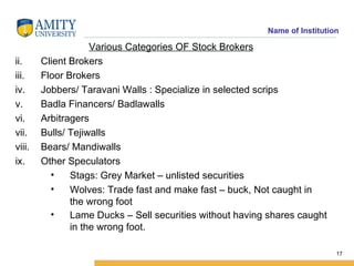 Various Categories OF Stock Brokers Client Brokers Floor Brokers Jobbers/ Taravani Walls : Specialize in selected scrips Badla Financers/ Badlawalls Arbitragers Bulls/ Tejiwalls Bears/ Mandiwalls Other Speculators Stags: Grey Market – unlisted securities Wolves: Trade fast and make fast – buck, Not caught in the wrong foot Lame Ducks – Sell securities without having shares caught in the wrong foot. 