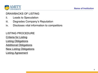 DRAWBACKS OF LISTING Leads to Speculation Degrades Company’s Reputation Discloses vital information to competitors LISTING PROCEDURE Criteria for Listing Listing Obligations Additional Obligations New Listing Obligations Listing Agreement 