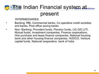 The Indian Financial system at present <ul><li>INTERMEDIARIES: </li></ul><ul><li>Banking: RBI, Commercial banks, Co operat...