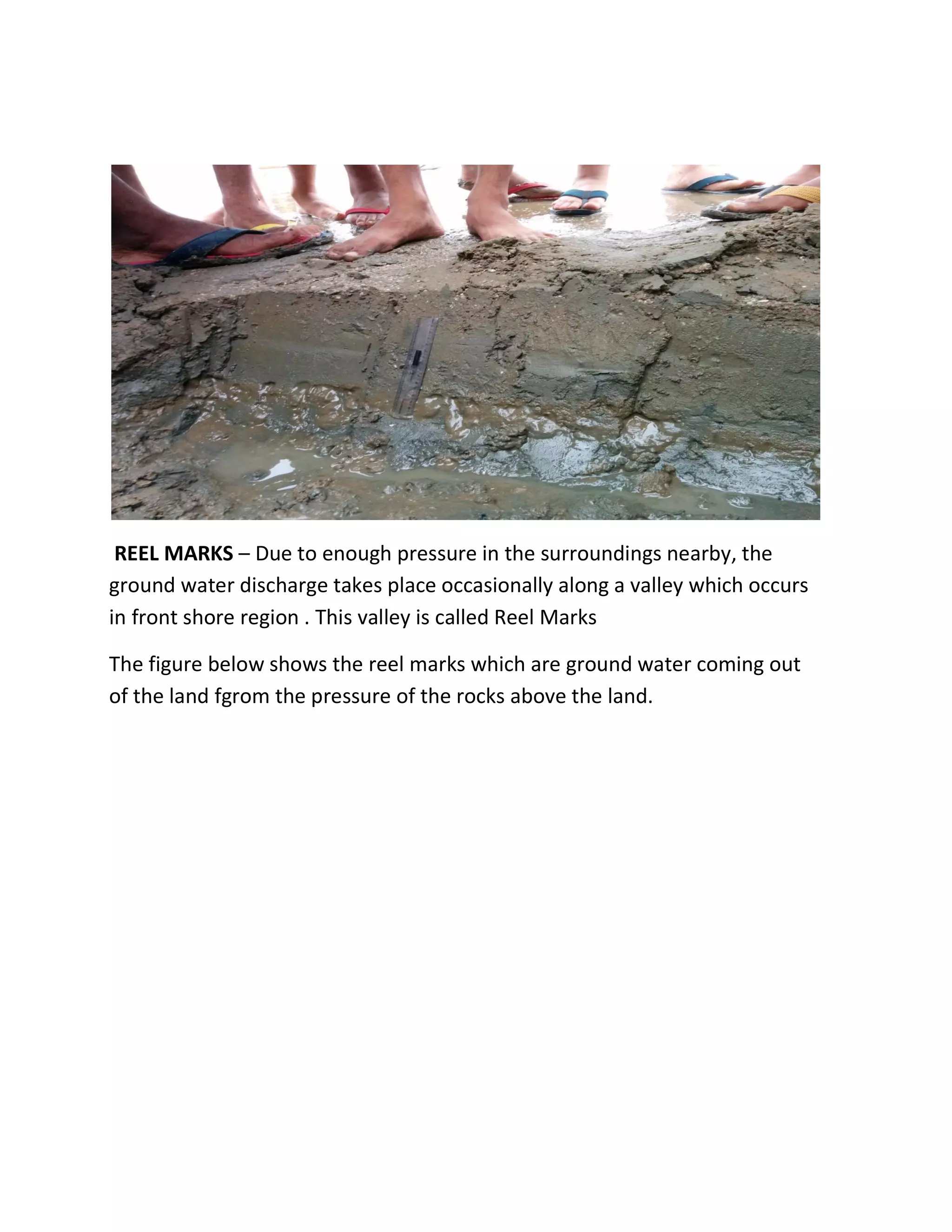 REEL MARKS – Due to enough pressure in the surroundings nearby, the
ground water discharge takes place occasionally along a valley which occurs
in front shore region . This valley is called Reel Marks
The figure below shows the reel marks which are ground water coming out
of the land fgrom the pressure of the rocks above the land.
 