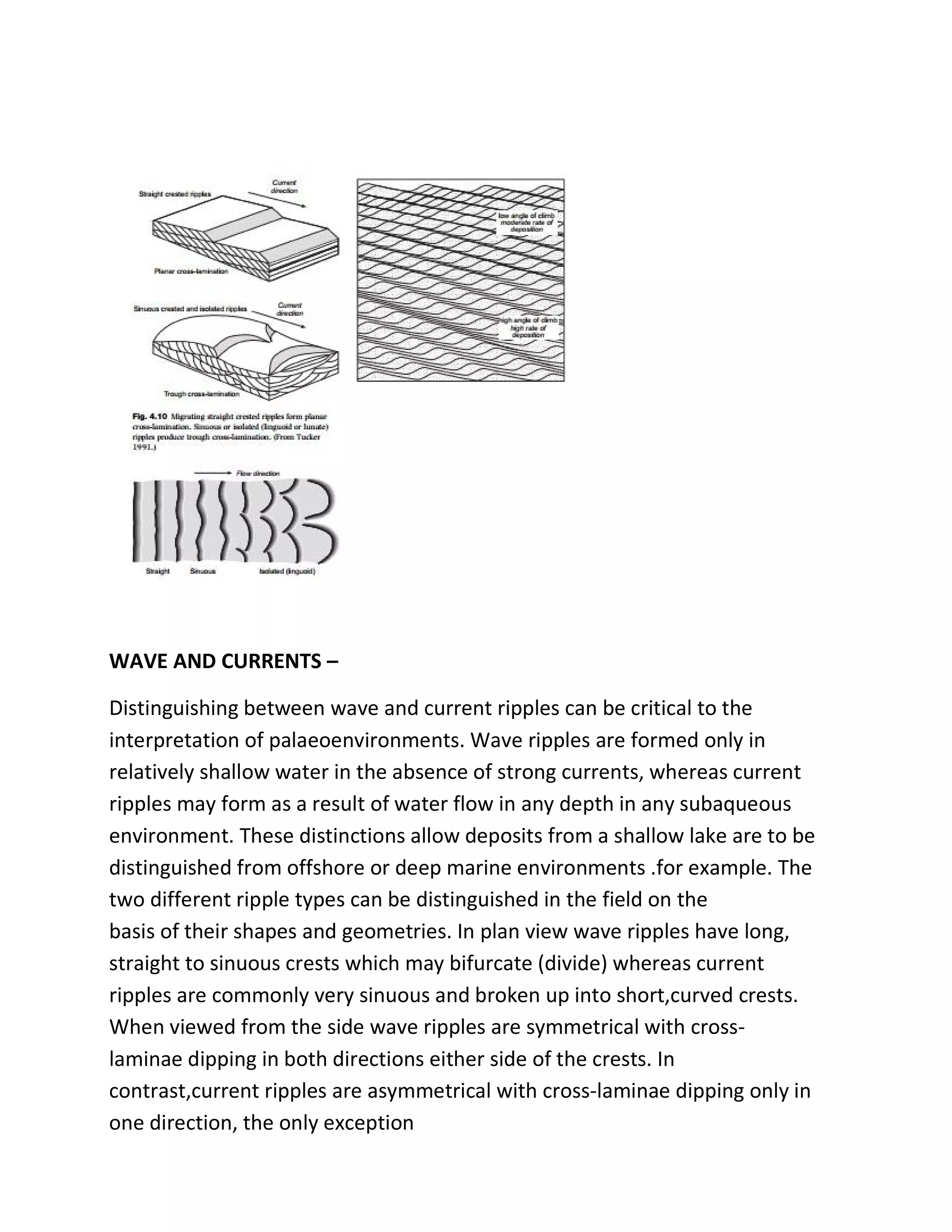 WAVE AND CURRENTS –
Distinguishing between wave and current ripples can be critical to the
interpretation of palaeoenvironments. Wave ripples are formed only in
relatively shallow water in the absence of strong currents, whereas current
ripples may form as a result of water flow in any depth in any subaqueous
environment. These distinctions allow deposits from a shallow lake are to be
distinguished from offshore or deep marine environments .for example. The
two different ripple types can be distinguished in the field on the
basis of their shapes and geometries. In plan view wave ripples have long,
straight to sinuous crests which may bifurcate (divide) whereas current
ripples are commonly very sinuous and broken up into short,curved crests.
When viewed from the side wave ripples are symmetrical with cross-
laminae dipping in both directions either side of the crests. In
contrast,current ripples are asymmetrical with cross-laminae dipping only in
one direction, the only exception
 