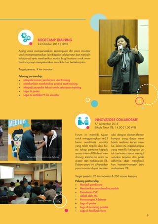 BOOTCAMP TRAINING
2-4 Oktober 2015 | @ITB
INNOVATORS COLLABORATE
17 September 2015
@Aula Timur ITB, 14.00-21.00 WIB
Ajang untuk mempersiapkan kemampuan diri para inovator
untuk mempresentasikan ide didepan kolaborator dan menjalin
kolaborasi serta memberikan modal bagi inovator untuk mem-
buat karyanya menyelesaikan masalah dan berkelanjutan.
Forum ini memiliki tujuan
untuk menggaungkan ke-25
besar semifinalis inovator
yang telah terpilih dari kur-
asi tahap pertama kepada
massa internal ITB demi men-
dorong kolaborasi antar in-
ovator dan mahasiswa ITB.
Dalam acara ini diharapkan
para inovator dapat berinter-
aksi dengan elemen-elemen
kampus yang dapat mem-
bantu realisasi karya mere-
ka. Selain itu, massa kampus
yang memiliki keinginan un-
tuk berinovasi akan menjadi
semakin terpacu dan pada
akhirnya akan menghasil-
kan inovator-inovator baru
mahasiswa ITB.
Target peserta: 9 tim inovator
Peluang partnership:
•	 Menjadi trainer/pembicara saat training
•	 Memberikan merchandise produk saat training
•	 Menjadi penyedia lokasi untuk pelaksaan training
•	 Logo di poster
•	 Logo di sertifikat 9 tim inovator
Target peserta: 25 tim inovator & 250 massa kampus
Peluang partnership:
•	 Menjadi pembicara
•	 Memberikan merchandise produk
•	 Pemutaran TVC
•	 Adlips oleh MC
•	 Pemasangan X-Banner
•	 Logo di poster
•	 Logo di nametag panitia
•	 Logo di feedback form
Pembicara Meetup
Penyematan Pin Inovator yang Terkurasi
Training Inovator
9
 