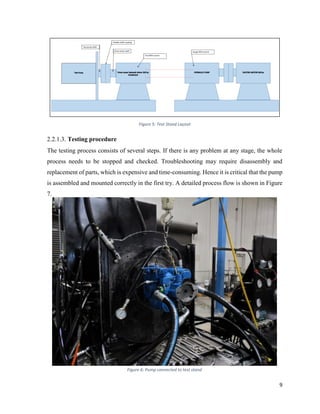 9
Figure 5: Test Stand Layout
2.2.1.3. Testing procedure
The testing process consists of several steps. If there is any problem at any stage, the whole
process needs to be stopped and checked. Troubleshooting may require disassembly and
replacement of parts, which is expensive and time-consuming. Hence it is critical that the pump
is assembled and mounted correctly in the first try. A detailed process flow is shown in Figure
7.
Figure 6: Pump connected to test stand
 