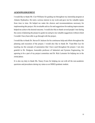 iii
ACKNOWLEDGEMENT
I would like to thank Mr. Curt Williams for guiding me throughout my internship program at
Atlantic Hydraulics. He took a serious interest in my work and gave me his valuable inputs
from time to time. He helped me make the choices and recommendations necessary for
implementing this project. His invaluable advice for and suggestions for making improvements
helped me achieve the desired outcome. I would also like to thank several people I met during
the course of planning the project to guide me and give me valuable suggestions without which
I wouldn’t have been able to go through with the project.
I would like to thank Dr. Steven D. Jackson for his continuous help and efforts throughout the
planning and execution of the project. I would also like to thank Dr. Yuan-Shin Lee for
teaching me the concepts of automation that I have used throughout the project. I am also
grateful to Dr. Hodgson, honorable professor of Industrial and Systems Engineering, for
agreeing to be a part of my project committee and Dr. Rick Lemaster for helping me in the
initial phase.
It is also my duty to thank Ms. Nancy Evans for helping me out with all the non-academic
questions and procedures during my status as an IMSEI graduate student.
 