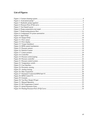vii
List of Figures
Figure 1: Current cleaning system..........................................................................................................4
Figure 2: Axial piston pump 2
................................................................................................................6
Figure 3: Hydraulic pump regulator.......................................................................................................7
Figure 4: Pressure-Flow (P-Q) curve .....................................................................................................8
Figure 5: Test Stand Layout ...................................................................................................................9
Figure 6: Pump connected to test stand..................................................................................................9
Figure 7: Pump testing process flow ....................................................................................................11
Figure 8: Components of system automation.......................................................................................12
Figure 9: Input DAQ ............................................................................................................................14
Figure 10: Output DAQ........................................................................................................................14
Figure 11: Flow sensor.........................................................................................................................16
Figure 12: Flow display........................................................................................................................16
Figure 13: Torque transducer ...............................................................................................................16
Figure 14: RPM control mechanism.....................................................................................................18
Figure 15: Pressure sensors ..................................................................................................................18
Figure 16: Particle Counter ..................................................................................................................19
Figure 17: Linear actuator ....................................................................................................................19
Figure 18: Controller............................................................................................................................20
Figure 19: Pressure control piping .......................................................................................................21
Figure 20: Pressure controller ..............................................................................................................22
Figure 21: Pressure control system.......................................................................................................22
Figure 22: Temperature switch.............................................................................................................23
Figure 23: User Interface......................................................................................................................24
Figure 24: Proximity sensing................................................................................................................25
Figure 25: Analog sensing....................................................................................................................25
Figure 26: Data Acquisition .................................................................................................................26
Figure 27: Parameter Control & RPM Sub-VI.....................................................................................28
Figure 28: RPM Control VI..................................................................................................................30
Figure 29: Formula...............................................................................................................................32
Figure 30: Test Run: Ramp UP part.....................................................................................................32
Figure 31: Manual Operation ...............................................................................................................32
Figure 32: Oil Temperature Control.....................................................................................................33
Figure 33: Initial Parameter Entry........................................................................................................34
Figure 34: Plotting Pressure-Flow (P-Q) Curve...................................................................................35
 