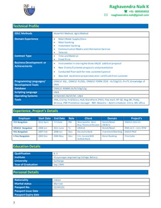 Raghavendra Naik K
 +91- 8095959552
raaghavendra.naik@gmail.com
3
Technical Profile
SDLC Methods Waterfall Method, AgileMethod
Domain Experience  Retail/Retek Supply Chain
 Retail banking
 Investment banking
 Communication Media and Information Services
 Telecom
Contract Type  Time and Material
 Fixed Price
BusinessDevelopment or
Achievements
 Instrumental in sharingthe three VALUE addition proposal
 New Clients/Customer proposals and presentation
 Conducted floor walk for new customer/sponsor
 Awarded excellence projectexecution certificatefrom customer
Programming Languages/
Development Tools
ORACLE SQL , ORACLE PL/SQL, ORACLE FORM /D2K - 6i/10g/11i,Pro*C,Knowledge of
JAVA
Database ORACLE RDBMS 8i/9i/10g/11g
Scripting Language UNIX
Operating Systems WINDOWS 98/XP/NT, UNIX
Tools JIRA, Clarity,Find Glass,Hub,SharePoint,PVCS, Flex mart, HP QC, Bug dB , Putty,
Winscp ,PMI Promotion manager - BBY, Maestro – Batch scheduler, Citrix ,MS office
Experience, Project’s Details
Employer Start Date End Date Role Client Domain Project’s
TCS Bangalore 2012 April Till Date PM Woolworths , Best
Buy, ThomsonReuters
Retek/Retail
CM & IS
RMS9.0 ,RSS 9.0
ORACLE Bangalore 2008 Jan 2011 June TL ORACLE Retek/Retail RMS 12.5 – 13.2, RFM
HCL Bangalore 2007 Feb 2008 Jan Dev Deutsche Bank Investment Banking EAGLE PACE
I-Flex Bangalore 2003 Dec 2006 May Dev Citi, Canara,NCB
JeddahBank
Retail Banking Flex Cube
Education Details
Qualification B. E
Institute Vijayanagar engineering College, Bellary
University Gulbarga
Year of Graduation Sep-1999
Personal Details
Nationality Indian
Marital status Married
Passport No. Z2249101
Passport Issue Date
Passport Expiry date
 