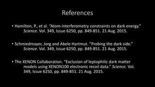 References
• Hamilton, P., et al. “Atom-interferometry constraints on dark energy.”
Science. Vol. 349, Issue 6250, pp. 849-851. 21 Aug. 2015.
• Schmiedmayer, Jorg and Abele Hartmut. ”Probing the dark side.”
Science. Vol. 349, Issue 6250, pp. 849-851. 21 Aug. 2015.
• The XENON Collaboration. “Exclusion of leptophilic dark matter
models using XENON100 electronic recoil data.” Science. Vol.
349, Issue 6250, pp. 849-851. 21 Aug. 2015.
 