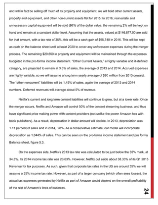 24
and will in fact be selling off much of its property and equipment, we will hold other current assets,
property and equipment, and other non-current assets flat for 2015. In 2016, real estate and
unnecessary capital equipment will be sold (98% of the dollar value, the remaining 2% will be kept on
hand and remain at a constant dollar level. Assuming that the assets, valued at $146.877.50 are sold
for that amount, with a tax rate of 35%, this will be a cash gain of $95,740 in 2016. This will be kept
as cash on the balance sheet until at least 2020 to cover any unforeseen expenses during the merger
process. The remaining $29,650 in property and equipment will be maintained through the expenses
budgeted in the pro-forma income statement. “Other Current Assets,” a highly variable and ill-defined
category, are projected to remain at 3.6% of sales, the average of 2013 and 2014. Accrued expenses
are highly variable, so we will assume a long term yearly average of $80 million from 2015 onward.
The “other noncurrent” liabilities will be 1.45% of sales, again the average of 2013 and 2014
numbers. Deferred revenues will average about 5% of revenue.
Netflix’s current and long term content liabilities will continue to grow, but at a lower rate. Once
the merger occurs, Netflix and Amazon will control 50% of the content streaming business, and thus
have significant price making power with content providers (not unlike the power Amazon has with
book publishers). As a result, depreciation in dollar amount will decline. In 2013, depreciation was
1.11 percent of sales and in 2014, .98%. As a conservative estimate, our model will incorporate
depreciation as 1.044% of sales. This can be seen on the pro-forma income statement and pro forma
Balance sheet, figure 5.3.
On the expenses side, Netflix’s 2013 tax rate was calculated to be just below the 35% mark, at
34.3%. Its 2014 income tax rate was 23.63%. However, Netflix put aside about 38.33% of its Q1 2015
Revenue for tax purposes. As such, given that corporate tax rates in the US are around 35% we will
assume a 35% income tax rate. However, as part of a larger company (which often sees losses), the
actual tax expenses generated by Netflix as part of Amazon would depend on the overall profitability
of the rest of Amazon’s lines of business.
 
