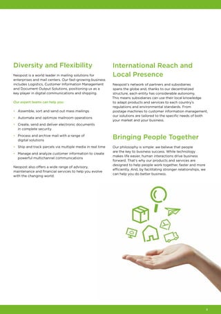 3
Diversity and Flexibility
Neopost is a world leader in mailing solutions for
enterprises and mail centers. Our fast-growing business
includes Logistics, Customer Information Management
and Document Output Solutions, positioning us as a
key player in digital communications and shipping.
Our expert teams can help you:
•	 Assemble, sort and send out mass mailings
•	 Automate and optimize mailroom operations
•	 Create, send and deliver electronic documents
in complete security
•	 Process and archive mail with a range of
digital solutions
•	 Ship and track parcels via multiple media in real time
•	 Manage and analyze customer information to create
powerful multichannel communications
Neopost also offers a wide range of advisory,
maintenance and financial services to help you evolve
with the changing world.
International Reach and
Local Presence
Neopost’s network of partners and subsidiaries
spans the globe and, thanks to our decentralized
structure, each entity has considerable autonomy.
This means subsidiaries can use their local knowledge
to adapt products and services to each country’s
regulations and environmental standards. From
postage machines to customer information management,
our solutions are tailored to the specific needs of both
your market and your business.
Bringing People Together
Our philosophy is simple: we believe that people
are the key to business success. While technology
makes life easier, human interactions drive business
forward. That’s why our products and services are
designed to help people work together, faster and more
efficiently. And, by facilitating stronger relationships, we
can help you do better business.
 