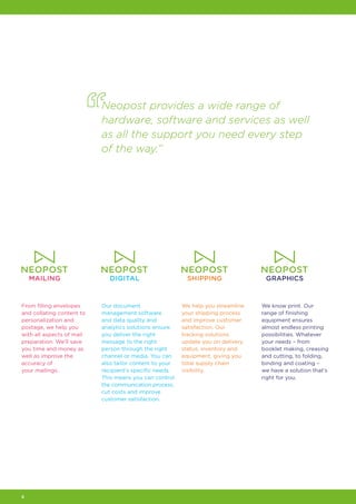 6
From filling envelopes
and collating content to
personalization and
postage, we help you
with all aspects of mail
preparation. We’ll save
you time and money as
well as improve the
accuracy of
your mailings.
Our document
management software
and data quality and
analytics solutions ensure
you deliver the right
message to the right
person through the right
channel or media. You can
also tailor content to your
recipient's specific needs.
This means you can control
the communication process,
cut costs and improve
customer satisfaction.
We help you streamline
your shipping process
and improve customer
satisfaction. Our
tracking solutions
update you on delivery
status, inventory and
equipment, giving you
total supply chain
visibility.
Neopost provides a wide range of
hardware, software and services as well
as all the support you need every step
of the way.”
We know print. Our
range of finishing
equipment ensures
almost endless printing
possibilities. Whatever
your needs – from
booklet making, creasing
and cutting, to folding,
binding and coating –
we have a solution that's
right for you.
 