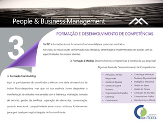 18
People & Business Management
Na IBC a formação é uma ferramenta fundamental para potenciar resultados.
Para isso, as nossas ações de formação são pensadas, desenhadas e implementadas de acordo com as
especificidades dos nossos clientes.
 Formação à Medida. Desenvolvemos competências à medida da sua empresa!
Algumas Áreas de Desenvolvimento de Competências:
 Formação Teambuilding.
Aqui os participantes são convidados a efetuar uma série de exercícios de
índole físico-desportiva, mas que na sua essência fazem despoletar a
manifestação de atitudes relacionadas com a liderança, motivação, tomada
de decisão, gestão de conflitos, superação de obstáculos, comunicação,
controlo emocional, competitividade entre outros atributos fundamentais
para gerir qualquer negócio/equipa de forma eficiente.
• Persuasão, Vendas
Negociação
• Gestão de Equipas
• Gestão de Capital
Humano
• Organização do Trabalho
• Liderança
• Comunicação
• Coaching e Motivação
• Mudança Organizacional
• Inteligência Emocional
• Gestão do Stress
• Gestão do Tempo
• Condução de Reuniões
• Comunicar em Público
• Atendimento ao Cliente
FORMAÇÃO E DESENVOLVIMENTO DE COMPETÊNCIAS
 
