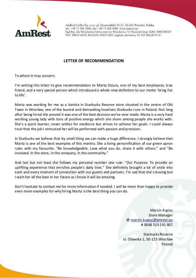 recommendation letter from starbucks recommendation letter definition
