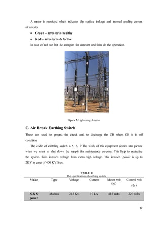 12
A meter is provided which indicates the surface leakage and internal grading current
of arrester.
 Green – arrester is healthy
 Red – arrester is defective.
In case of red we first de-energize the arrester and then do the operation.
Figure 7. Lightening Arrester
C. Air Break Earthing Switch
These are used to ground the circuit and to discharge the CB when CB is in off
condition.
The code of earthling switch is 5, 6, 7.The work of this equipment comes into picture
when we want to shut down the supply for maintenance purpose. This help to neutralize
the system from induced voltage from extra high voltage. This induced power is up to
2KV in case of 400 KV lines.
TABLE II
The specification of earthing switch
Make Type Voltage Current Motor volt
(ac)
Control volt
(dc)
S & S
power
Madras 245 Kv 10 kA 415 volts 220 volts
 