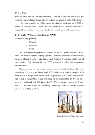 13
D. Bus Bar
There are three buses viz. two main buses (bus 1 and bus 2 ) and one transfer bus. The
two main buses are further divided into two sections thus giving us a total of five buses.
Bus bars generally are of high conductive aluminum conforming to IS-5082 or
copper of adequate cross section .Bus bar located in air –insulated enclosures &
segregated from all other components .Bus bar is preferably cover with polyurethane.
E. Capacitor Voltage Transformer (CVT)
It is used for three purposes:
 Metering
 Protection
 PLCC
The carrier current equipment can be connected via the capacitor of CVT. Thereby
there is no need of separate coupling capacitor. The reactor connected in series with the
burden is adjusted to such a value that at supply frequency it resonates with the sum of
two capacitors. This eliminates the error. CVT is attached at end of each transmission,
line and buses.
The cvt is used for line voltage measurements on loaded conditions. The basic
construction of a cvt is as follows. Each CVT consists of a coupling capacitor (CC)
which acts as a voltage driver and an Electro Magnetic Unit (EMU) which transforms the
high voltage to standard low voltage. Depending on the system voltage the CC can be a
single or a multi stack unit. 245 kV & 420kV CVTs no normally comprise of 2 units.
The CC and the EMU are individually hermetically sealed to ensure accurate
performance and high reliability.
Figure 8. Capacitor Voltage Transformer
 