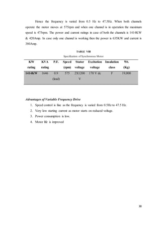 38
Hence the frequency is varied from 0.5 Hz to 47.5Hz. When both channels
operate the motor moves at 575rpm and when one channel is in operation the maximum
speed is 475rpm. The power and current ratings in case of both the channels is 1414KW
& 420Amp. In case only one channel is working then the power is 635KW and current is
380Amp.
TABLE VIII
Specification of Synchronous Motor
KW
rating
KVA
rating
P.F. Speed
(rpm)
Stator
voltage
Excitation
voltage
Insulation
class
Wt.
(Kg)
1414KW 1646 0.9
(lead)
575 2X1200
V
170 V dc F 19,000
Advantages of Variable Frequency Drive
1. Speed control is fine as the frequency is varied from 0.5Hz to 47.5 Hz.
2. Very low starting current as motor starts on reduced voltage.
3. Power consumption is low.
4. Motor life is improved
 