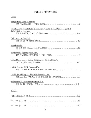 iv
TABLE OF CITATIONS
Cases
Burger King Corp. v. Mason,
855 F.2d 779, 781 (11th
Cir. 1988)…………………………………………..2
Florida Ass’n of Rehab. Facilities, Inc. v. State of Fla. Dept. of Health &
Rehabilitative Services,
225 F.3d 1208, 1216 (‘11th
Circ. 2000)………………………………...…1-2
Goldenberg v. Sawczak,
791 So. 2d 1078 (Fla. 2001)……..……………………...……………....12-13
In re Benedict,
88 B.R. 387 (Bankr. M.D. Fla. 1988)……………………………………....13
In re Optical Technologies, Inc.,
425 F.3d 1294, 1299-1300 (11th
Cir. 2005)………………………………….1
Lykes Bros., Inc. v. United States Army Corps of Engr's,
64 F.3d 630 (11th Cir.1995)………………………………………............1-2
United States v. U.S. Gypsum Co.,
333 U.S. 364 (68 S. Ct. 525 92 L. Ed. 746 (1948)…………………....…...1-2
Zenith Radio Corp. v. Hazeltine Research, Inc.,
395 U.S. 100 89 S. Ct. 1562, 23 L. Ed. 2d 129 (1969)……………………...9
Zuckerman v. Hofrichter & Quiat, P.A.,
646 So. 2d 187 (Fla. 1994)……………………..……………………….13-14
Statutes
Fed. R. Bankr. P. 8013.…………………………………………………………..1, 2
Fla. Stat. § 222.11…………………………………………………………………13
Fla. Stat. § 222.14…………………………..………………………………….12-13
 
