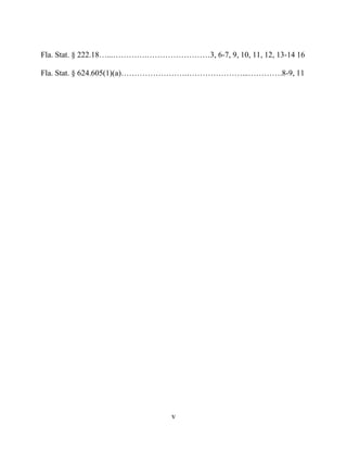 v
Fla. Stat. § 222.18…...………….……………………3, 6-7, 9, 10, 11, 12, 13-14 16
Fla. Stat. § 624.605(1)(a)…………………….…………………...………….8-9, 11
 