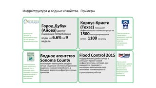 Инфраструктура и водные хозяйства. Примеры
Город Дубук
(Айова) достиг
снижения потребления
воды на 6.6% за 9
недель
Оповещение
граждан о
расходовании воды
за счет лучшего
обнаружения утечек
Водное агентство
Sonoma County
использует имеющиеся ресурсы
лучше с единым системным уровнем
видения, снижая потребность в
больших, дорогих инфраструктурных
проектах
Корпус-Кристи
(Техас) повышает
эффективность и качество услуг на
1500км водопроводных
сетей, 1100 км улиц
Прогноз ресурсов
проактивно и
разрешение проблем
для повышения
качества
обслуживания
клиентов
Стимулирование
более целостного
видения, что в
конечном итоге
защищает состояние
водных ресурсов в
долгосрочной
перспективе
Сбор и анализ
информации о дамбах
в Нидерландах с сети
датчиков для
обнаружения и
предотвращения
проблем и
наводнений
Flood Control 2015
поддерживает дамбы лучше и
улучшает проект новой
инфраструктуры, которая, как
ожидается, приведет к
несколько миллионов евро
экономии в инженерных и
строительных работах
 