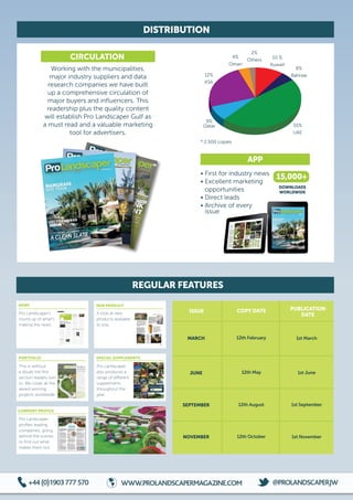 +44(0)1903777570  WWW.PROLANDSCAPERMAGAZINE.COM t @PROLANDSCAPERJW
REGULAR FEATURES
DISTRIBUTION
CIRCULATION
APP
15,000+
DOWNLOADS
WORLDWIDE
Working with the municipalities,
major industry suppliers and data
research companies we have built
up a comprehensive circulation of
major buyers and influencers. This
readership plus the quality content
will establish Pro Landscaper Gulf as
a must read and a valuable marketing
tool for advertisers.
• First for industry news
• Excellent marketing
opportunities
• Direct leads
• Archive of every
issue
12%
KSA
9%
Qatar 55%
UAE
8%
Bahrain
2%
Others
4%
Oman
10 %
Kuwait
SHORE LANDSCAPES
DECEMBER 2014
SHORE LANDSCAPES
DECEMBER 2014
GULF
NAMGRASS
SITE TOUR
VECTORWORKS
A CLEAN SLATESHORE LANDSCAPES
DECEMBER 2014
NEWS
COMPANY PROFILE
NEW PRODUCT
PORTFOLIO SPECIAL SUPPLEMENTS
Pro Landscaper’s
round up of what’s
making the news.
This is without
a doubt the first
section readers turn
to. We cover all the
award winning
projects worldwide.
Pro Landscaper
also produces a
range of different
supplements
throughout the
year.
A look at new
products available
to you.
Pro Landscaper
profiles leading
companies, going
behind the scenes
to find out what
makes them tick.
ISSUE
MARCH 12th February 1st March
1st June
1st September
1st November
12th May
12th August
12th October
JUNE
SEPTEMBER
NOVEMBER
COPY DATE PUBLICATION
DATE
* 2,500 copies
 
