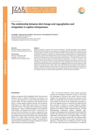 OPENACCESSJZARResearcharticle
Journal of Zoo and Aquarium Research 4(4) 2016196
OPENACCESS
Research article
The relationship between diet change and regurgitation and
reingestion in captive chimpanzees
Iris Mulder1
, Raymond van der Meer2
, Han de Vries1
and Elisabeth H.M. Sterck1,3*
1
Animal Ecology, Utrecht University, Utrecht
2
Dierenpark Amersfoort, Amersfoort
3
Ethology Research, Biomedical Primate Research Centre, Rijswijk
*Correspondence: Elisabeth H.M. Sterck; e.h.m.sterck@uu.nl
Keywords:
abnormal behaviour, boredom, fibre,
inactivity, self-directed behaviour, stress
Article history:
Received: 8 December 2015
Accepted: 4 October 2016
Published online: 3 November 2016
Abstract
Captive chimpanzees regularly show abnormal behaviour, including regurgitation and reingestion
(R/R). R/R may have several causes, among them a suboptimal diet. For this reason, the effect of a diet
change towards a more fibre-rich diet on R/R was studied in the Amersfoort Zoo chimpanzee group
comprising 15 individuals. In addition, the relationship with self-directed behaviour, inactivity level and
temperature, proxies of the alternative factors stress, boredom and crowding, were studied. Measures
of stress and boredom did not show any correlation to R/R behaviour. The new diet did result in less
R/R. However, the data could not conclusively dismiss temperature as a factor or confound in the
reduction of R/R. Still, the R/R rate in three individuals that showed most R/R did not concur with
temperature, countering an effect of temperature on R/R. Individuals that showed R/R in the study
period still showed this behaviour several years later, suggesting that R/R may not be related to current
welfare but possibly become a habit, where stress and R/R become dissociated and the behaviour
persists in improved conditions and over time. This study shows that diet change can contribute to a
reduction in R/R, yet this may not be due to the change of diet quality, but to the change in diet as such.
The change in diet was not able to abolish R/R behaviour entirely for these chimpanzees.
Introduction
Captive chimpanzees (Pan troglodytes) often show abnormal
behaviour, which is defined as behaviour not present at all
or only in low frequencies in wild chimpanzees (Broom and
Johnson 1993). This type of behaviour may indicate that the
animal is having welfare problems (Barnett and Hemsworth
1990; Mason et al. 2004, 2007), which makes it an important
subjectforresearch.Therangeofabnormalbehaviourincaptive
chimpanzees is large, including regurgitation and reingestion
(R/R) (Birkett and Newton-Fisher 2011). Furthermore, the
causes of abnormal behaviour are diverse, ranging from long-
term effects of unnatural rearing conditions and the individual’s
psychologicalstatustoshort-termeffectssuchasfeedingregime
(Mason et al. 2004, 2007). Short-term effects in particular
may be regulated by management changes. The potential for
reducing abnormal behaviour through management would be
highly valuable for optimising husbandry.
R/R is an abnormal behaviour where animals voluntarily
stimulate the retrograde movement of food or fluids from
the oesophagus or stomach to the mouth, hand or another
substrate and subsequently reconsume the substance (Lukas
1999). It is comparable to the rumination syndrome in humans
(Lukas 1999), but should not be compared to rumination as
part of the digestive process in herbivores (Hill 2009). R/R has
been observed in captivity in macaques (Macaca mulatta),
baboons (Papio cynocephalus), vervet monkeys  (Chlorocebus
pygerythrus), proboscis monkeys (Nasalis larvatus), siamangs
(Symphalangus syndactylus), gibbons (Hylobatis spp.),
orangutans (Pongo pygmaeus), lowland gorillas (Gorilla gorilla),
bonobos (Pan  paniscus) and chimpanzees (Baker and Easley
1996; Miller and Tobey 2012). It has negative effects on health,
since it may cause teeth to deteriorate and negatively affect
the oesophagus (Hill 2009). For this reason, elimination of this
behaviour is desirable for the wellbeing of animals showing
R/R. To find a way to decrease or eliminate R/R, it is important
 