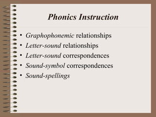 Phonics Instruction
• Graphophonemic relationships
• Letter-sound relationships
• Letter-sound correspondences
• Sound-symbol correspondences
• Sound-spellings
 