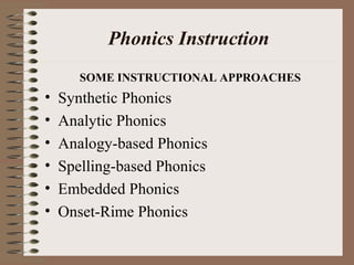 Phonics Instruction
• Synthetic Phonics
• Analytic Phonics
• Analogy-based Phonics
• Spelling-based Phonics
• Embedded Phonics
• Onset-Rime Phonics
SOME INSTRUCTIONAL APPROACHES
 