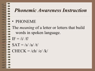 Phonemic Awareness Instruction
• PHONEME
The meaning of a letter or letters that build
words in spoken language.
IF = /i/ /f/
SAT = /s/ /a/ /t/
CHECK = /ch/ /e/ /k/
 