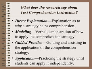 What does the research say about
Text Comprehension Instruction?
• Direct Explanation—Explanation as to
why a strategy helps comprehension.
• Modeling—Verbal demonstration of how
to apply the comprehension strategy.
• Guided Practice—Guiding and assisting in
the application of the comprehension
strategy.
• Application—Practicing the strategy until
students can apply it independently.
 