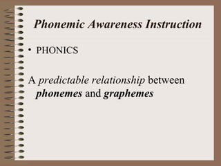Phonemic Awareness Instruction
• PHONICS
A predictable relationship between
phonemes and graphemes
 