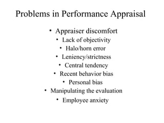 Problems in Performance Appraisal
• Appraiser discomfort
• Lack of objectivity
• Halo/horn error
• Leniency/strictness
• Central tendency
• Recent behavior bias
• Personal bias
• Manipulating the evaluation
• Employee anxiety
 