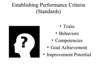 Establishing Performance Criteria
(Standards)
• Traits
• Behaviors
• Competencies
• Goal Achievement
• Improvement Potential
 