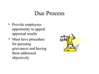 Due Process
• Provide employees
opportunity to appeal
appraisal results
• Must have procedure
for pursuing
grievances and having
them addressed
objectively
 