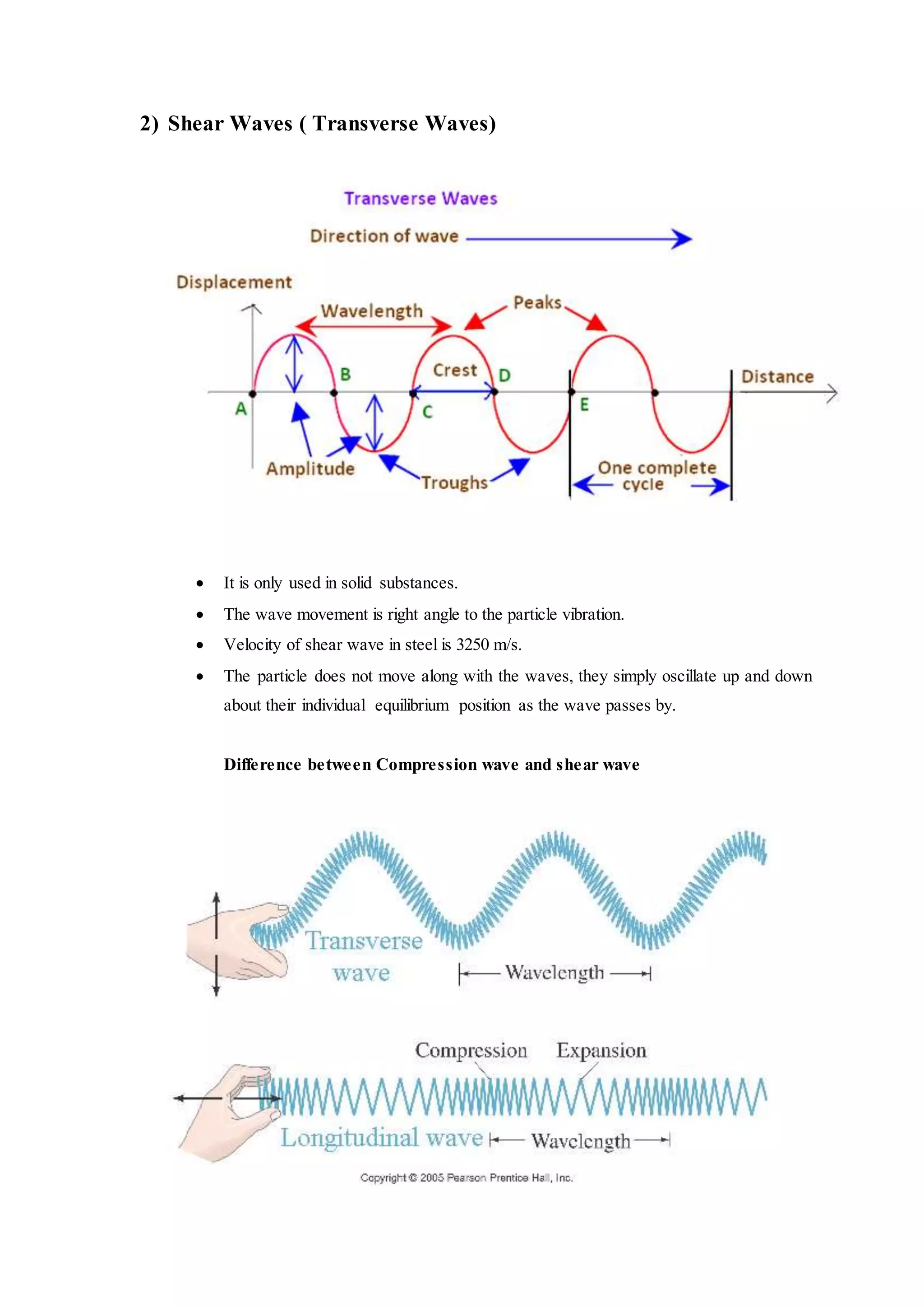 2) Shear Waves ( Transverse Waves)
 It is only used in solid substances.
 The wave movement is right angle to the particle vibration.
 Velocity of shear wave in steel is 3250 m/s.
 The particle does not move along with the waves, they simply oscillate up and down
about their individual equilibrium position as the wave passes by.
Difference between Compression wave and shear wave
 