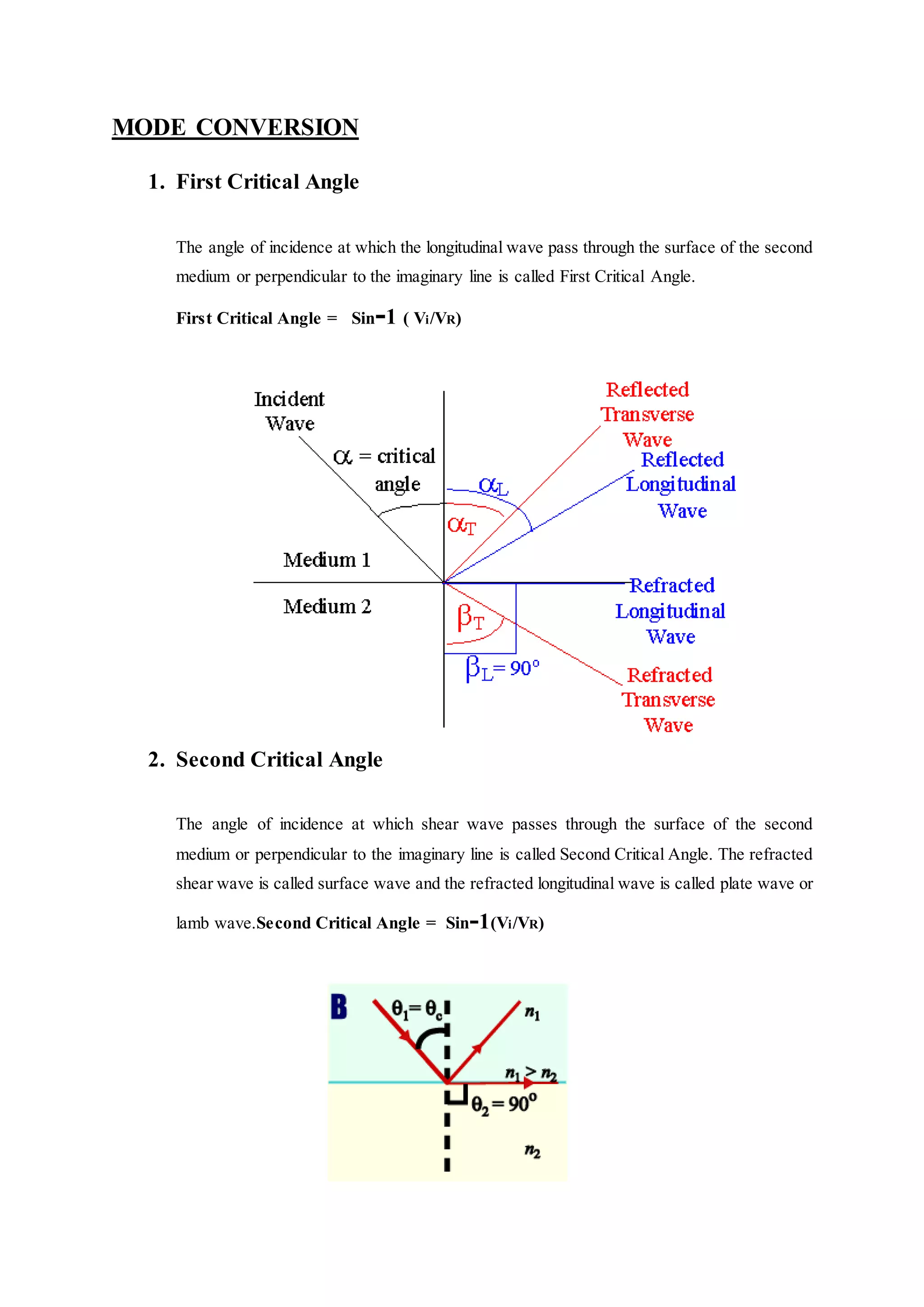 MODE CONVERSION
1. First Critical Angle
The angle of incidence at which the longitudinal wave pass through the surface of the second
medium or perpendicular to the imaginary line is called First Critical Angle.
First Critical Angle = Sin-1 ( Vi/VR)
2. Second Critical Angle
The angle of incidence at which shear wave passes through the surface of the second
medium or perpendicular to the imaginary line is called Second Critical Angle. The refracted
shear wave is called surface wave and the refracted longitudinal wave is called plate wave or
lamb wave.Second Critical Angle = Sin-1(Vi/VR)
 