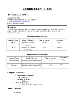 CURRICULUM VITAE
RAVI KUMAR SINGH
GANGAPUR CITY
DIST-SWAIMADHOPUR, Rajasthan-322201
E-Mail:- ravirajawat92@gmail.com
Contact No: - 8058916869
Objective:
To work in an environment and a co-operative reputed organization. Where I can learn new
things everyday and contribute with my knowledge and skill to achieve personal and
organizational goals.
Professional Qualification:
Name of Exams Board / University Year of Passing Percentage
MCA Rajasthan Technical
University
2016 66%
BCA University of Rajasthan
Jaipur (Raj.)
2013 59.33%
Educational Qualification:
Name of Exams Board/ University Year of Passing Percentage
Senior Secondary Rajasthan Board Ajmer (Raj.) 2010 54.67%
Secondary Rajasthan Board Ajmer (Raj.) 2008 62%
Computer proficiency:
 Programming Language:-
 JAVA(SE,EE)
 Operating System:-
 Windows.
 Web Technologies:-
 Basic knowledge in Html and Css
Work Experience
 Fresher
 