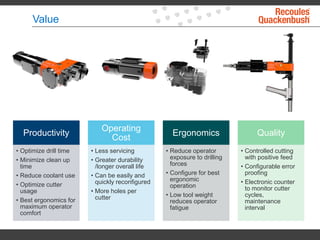 Value
Productivity
• Optimize drill time
• Minimize clean up
time
• Reduce coolant use
• Optimize cutter
usage
• Best ergonomics for
maximum operator
comfort
Operating
Cost
• Less servicing
• Greater durability
/longer overall life
• Can be easily and
quickly reconfigured
• More holes per
cutter
Ergonomics
• Reduce operator
exposure to drilling
forces
• Configure for best
ergonomic
operation
• Low tool weight
reduces operator
fatigue
Quality
• Controlled cutting
with positive feed
• Configurable error
proofing
• Electronic counter
to monitor cutter
cycles,
maintenance
interval
 