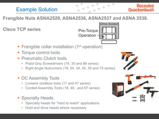 Example Solution
Pre-Torque
Operation
Frangible Nuts ASNA2528, ASNA2536, ASNA2537 and ASNA 2538.
Cleco TCP series
Drive Socket
 Frangible collar installation (1st operation)
 Torque control tools
 Pneumatic Clutch tools
• Pistol Grip Screwdrivers (19, 35 and 88 series)
• Right Angle Nutrunners (19, 24, 34, 45, 55 and 75 series)
 DC Assembly Tools
• Livewire cordless tools (17 and 47 series)
• Corded Assembly Tools (18, 48 , and 67 series)
 Specialty Heads
• Specialty heads for “hard to reach” applications
• Hold and drive heads where necessary
 